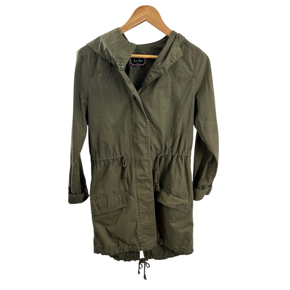 Love Tree Womens Anorak Jacket Hooded Military Drawstring Olive Green Small